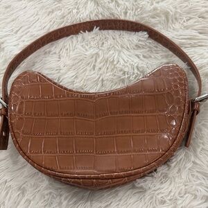 Prettylittlething Brown Croc-Embossed Crescent Shoulder Bag